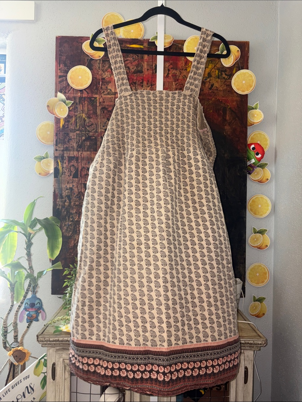 Beige Printed Pinafore Dress with Floral Border 2x